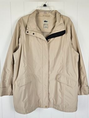 LL Bean Coat Lightweight Womens 1x Khaki Pockets No Hood Zip Snap Sping Fall